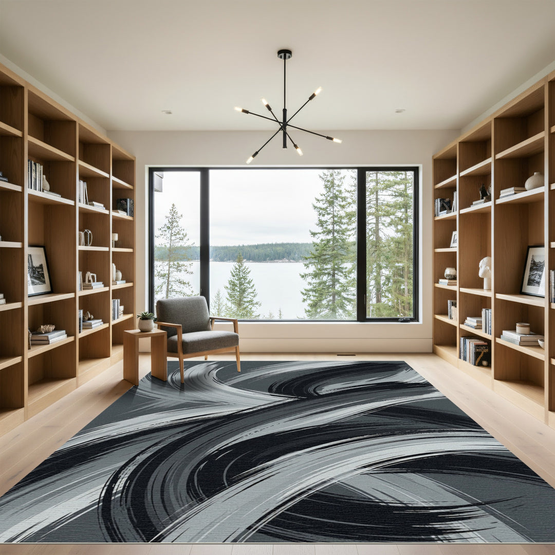 Abstract Gray Brushstroke Swirl Rug