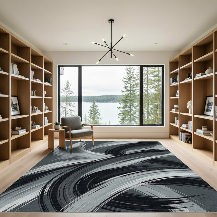 Abstract Gray Brushstroke Swirl Rug
