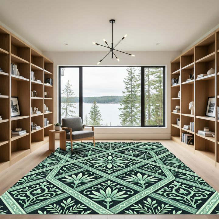 Mint Green Floral Lattice Art Nouveau Rug