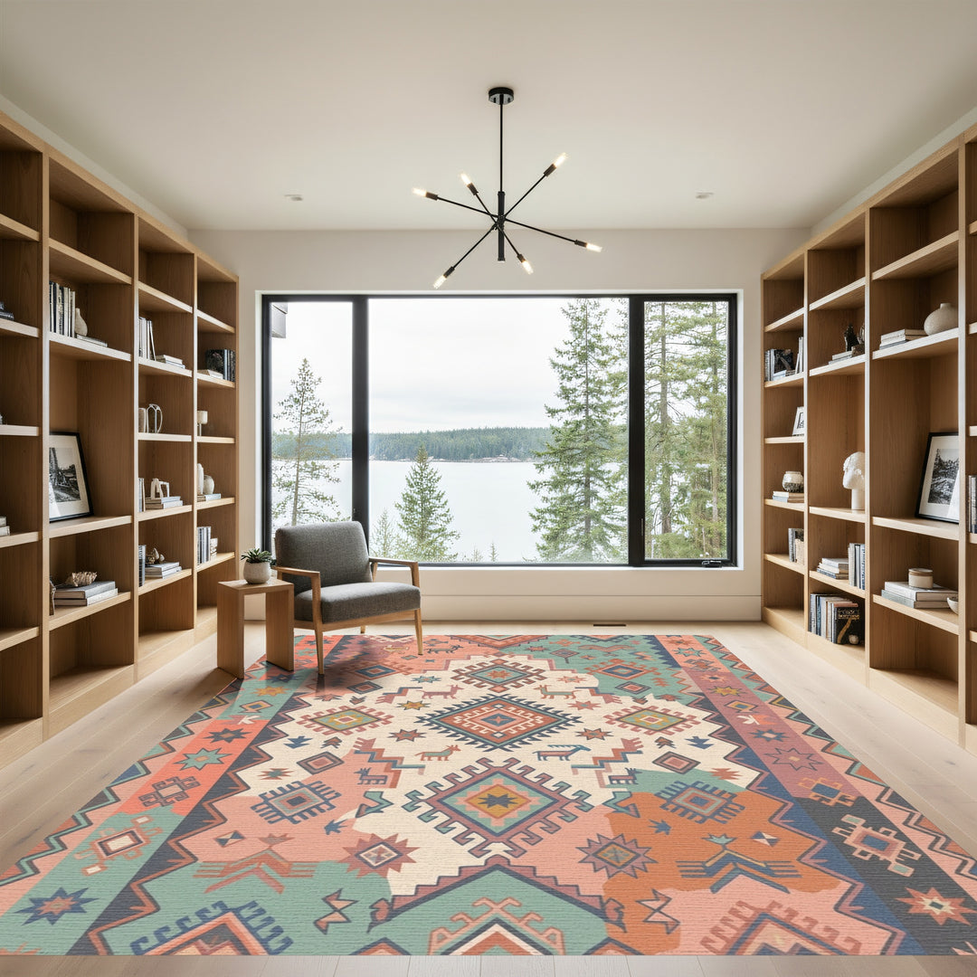 Terracotta Teal Geometric Animal Medallion Rug