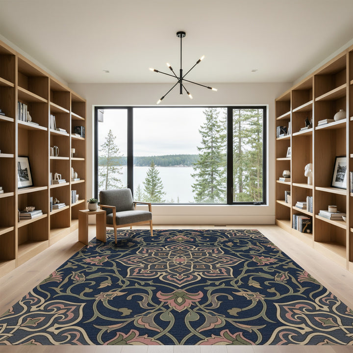 Deep Blue Floral Medallion Vines Rug