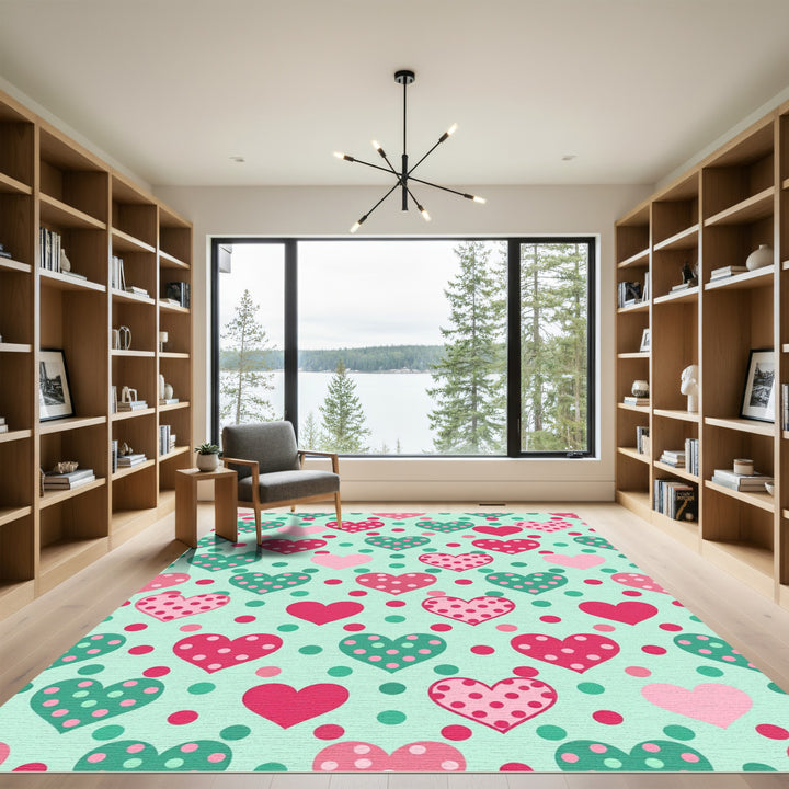 Pink Teal Polka Dot Heart Rug