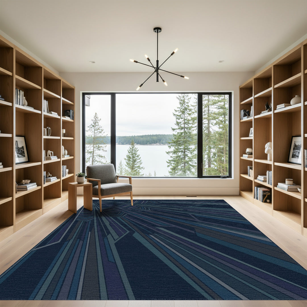 Art Deco Midnight Blue Geometric Rays Rug