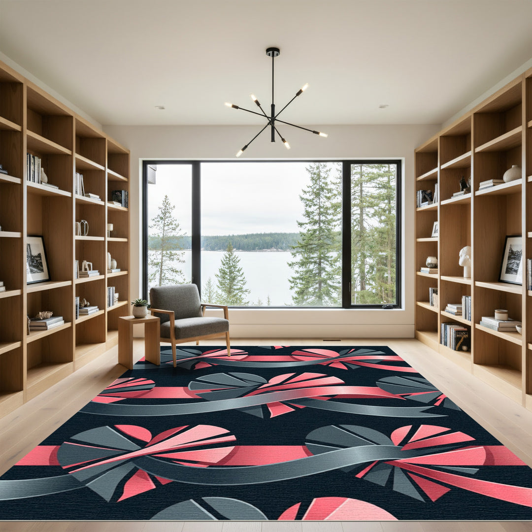 Pink Gray Ribbon Heart Composition Rug