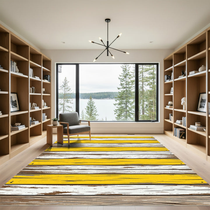Rustic Yellow White Distressed Wood Rug