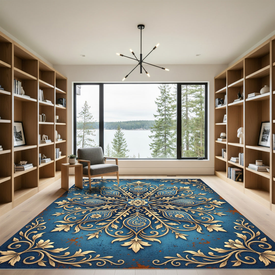 Ornate Golden Blue Mandala Tapestry Rug