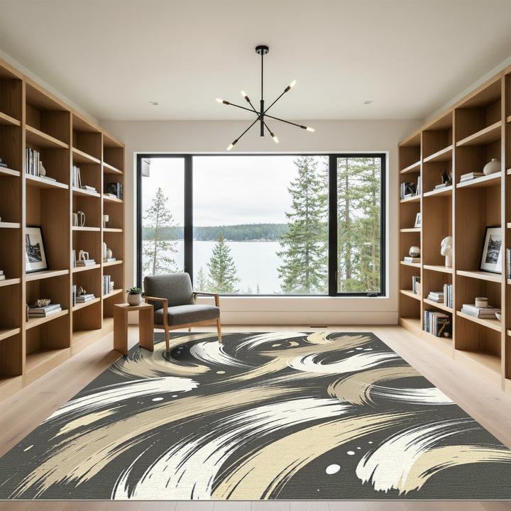 Abstract Brushstroke Gold White Rug