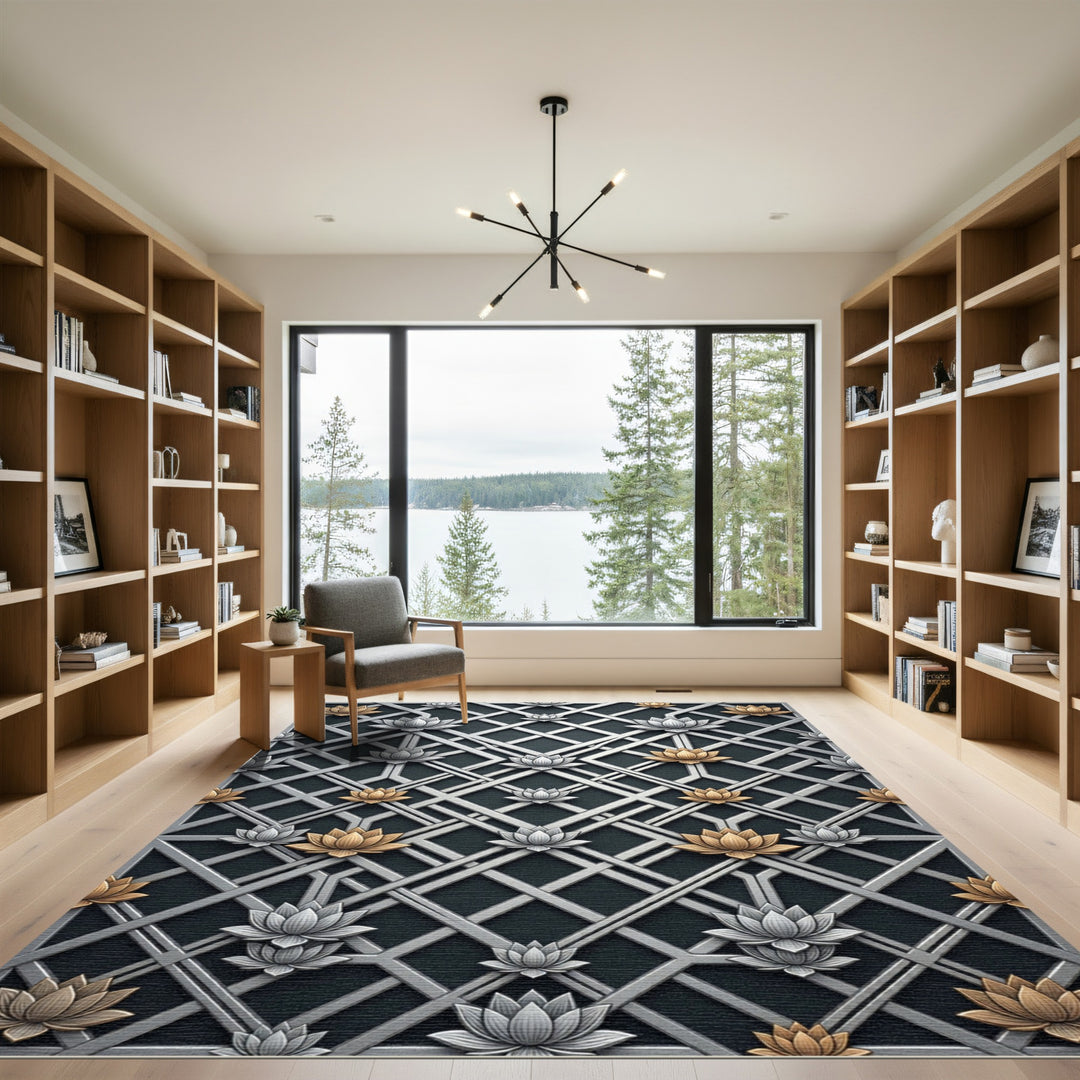Golden Silver Lotus Lattice Rug
