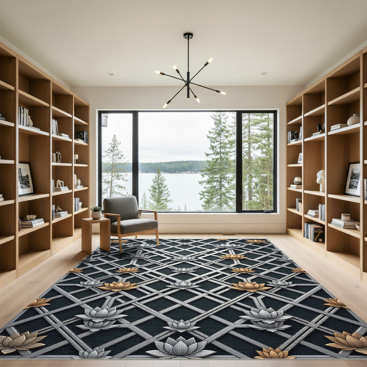 Golden Silver Lotus Lattice Rug