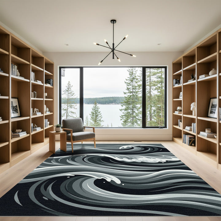 Grayscale Dynamic Ocean Swirls Rug