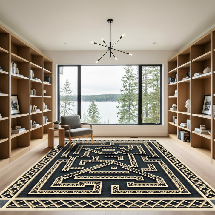 Geometric Maze Cream and Black Rug