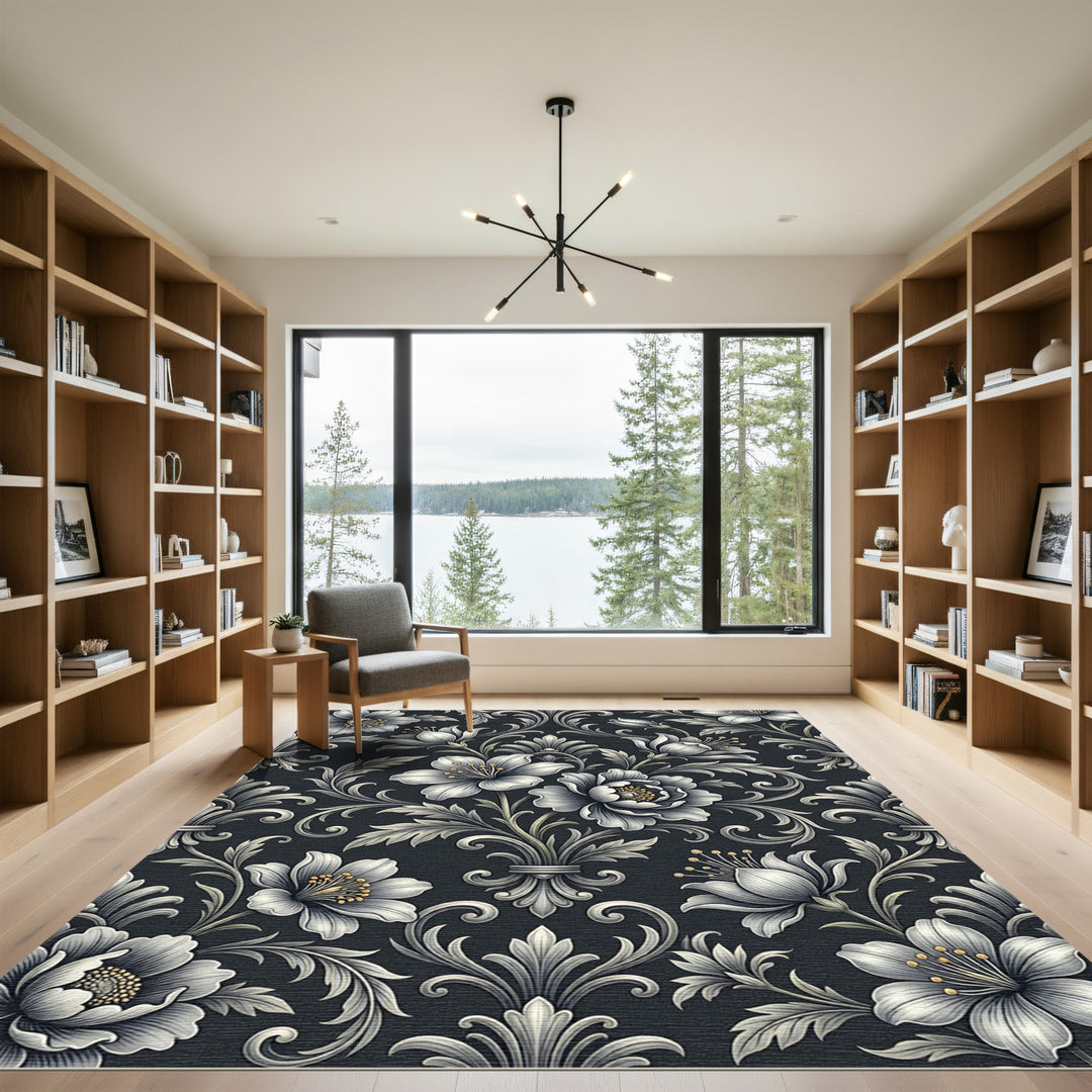 Ornate Elegant Black Floral Rug