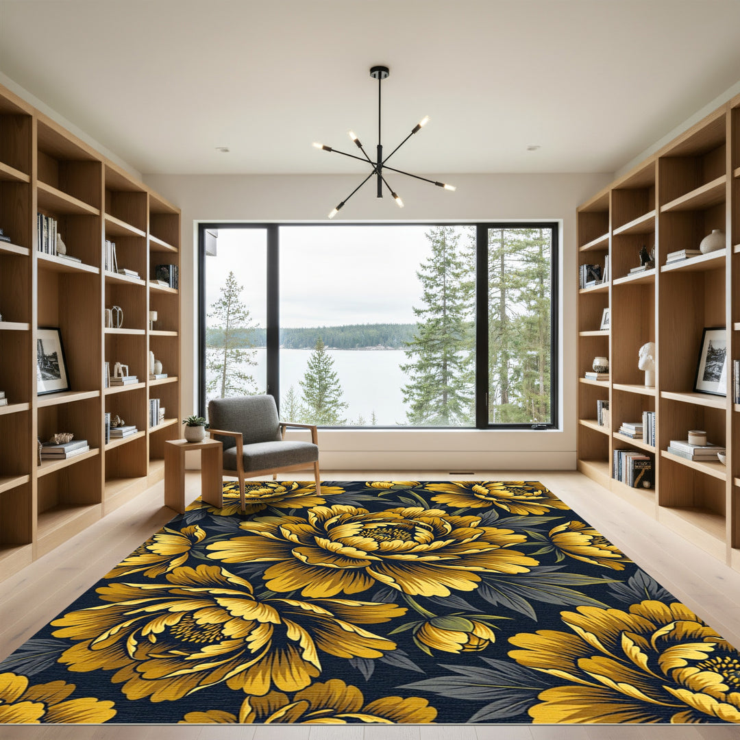 Golden Peony Floral Art Rug