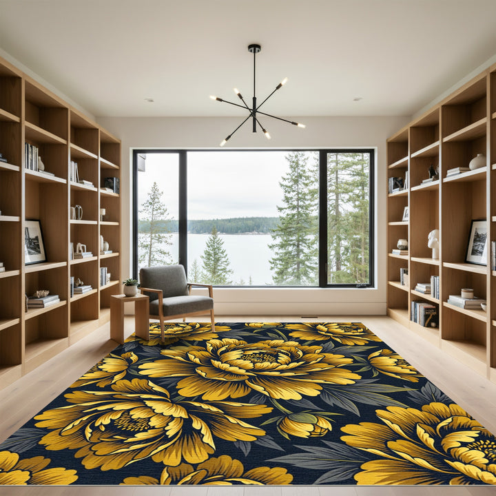 Golden Peony Floral Art Rug
