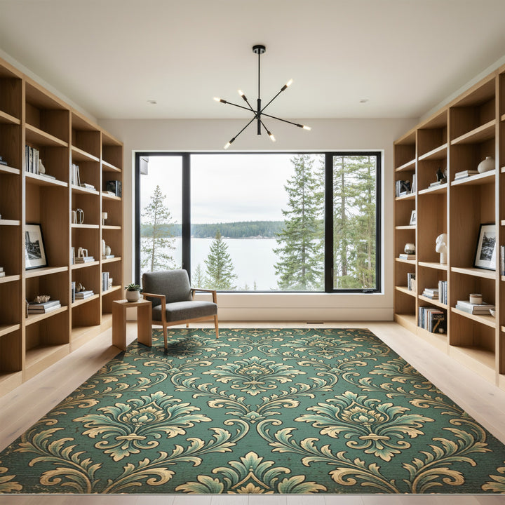 Teal Antiqued Damask Floral Embellishment Rug