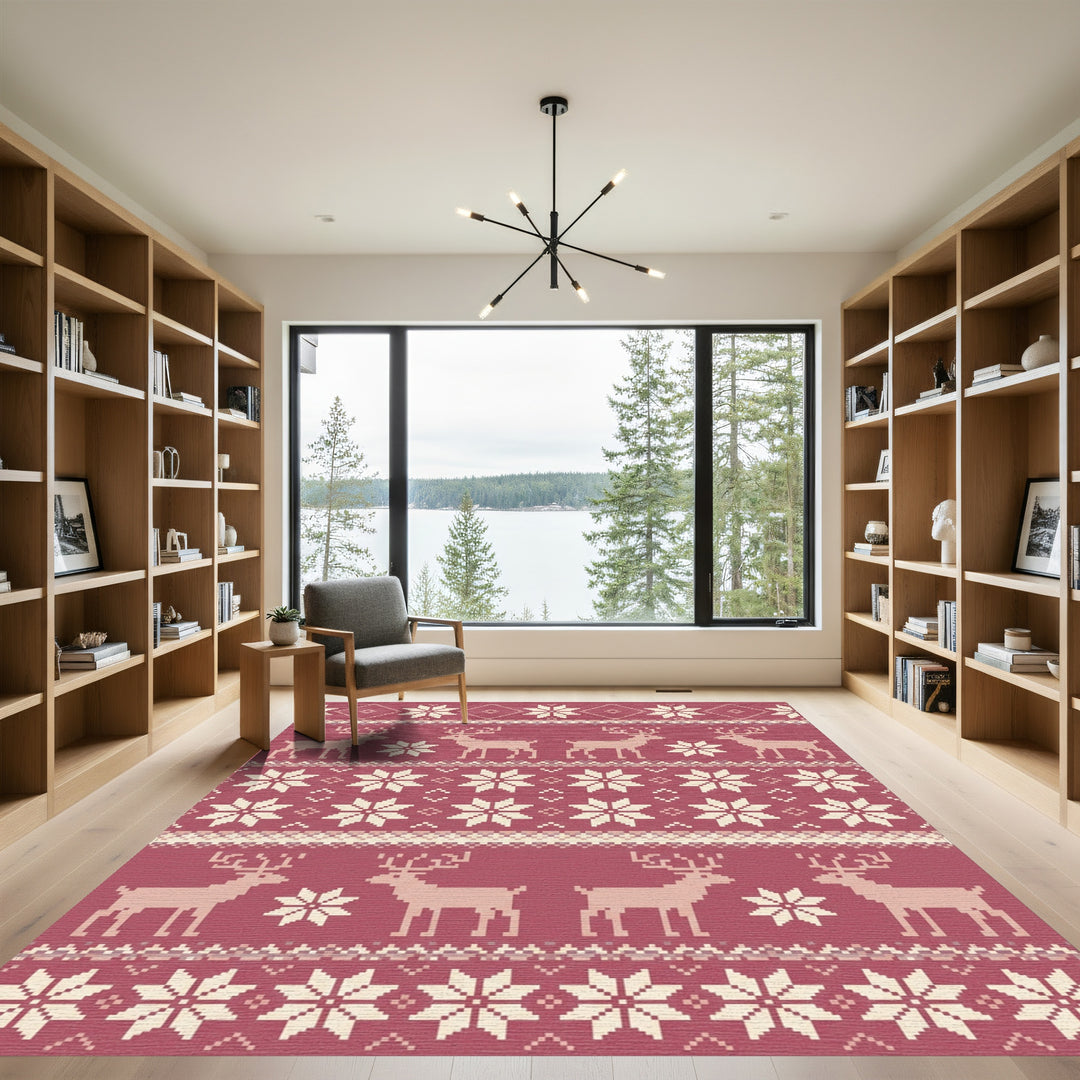 Burgundy Reindeer Snowflake Nordic Stripes Rug