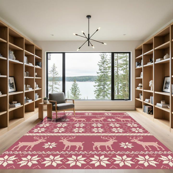 Burgundy Reindeer Snowflake Nordic Stripes Rug