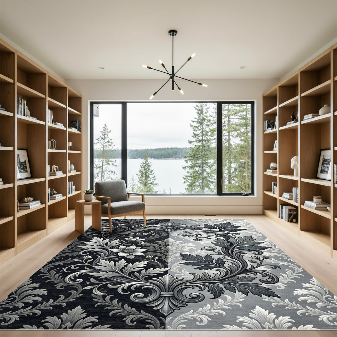 Ornate Black and White Floral Damask Rug