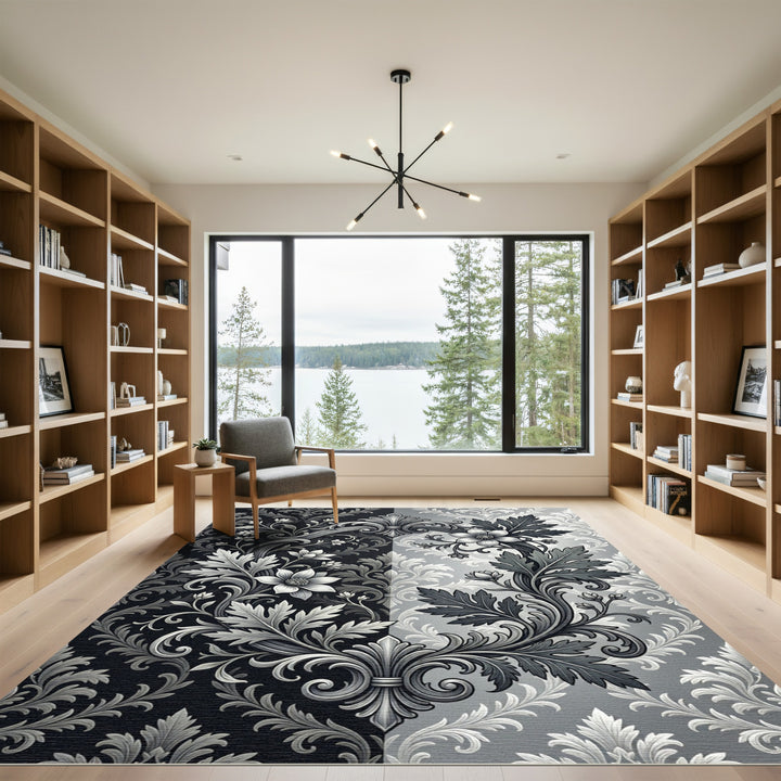 Ornate Black and White Floral Damask Rug