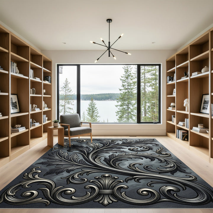Ornate Charcoal Acanthus Scroll Rug