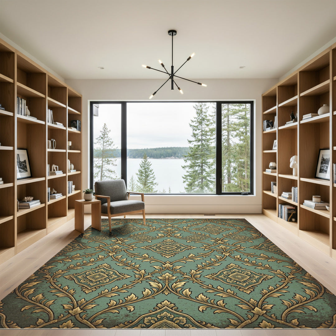 Victorian Teal Gold Damask Rug