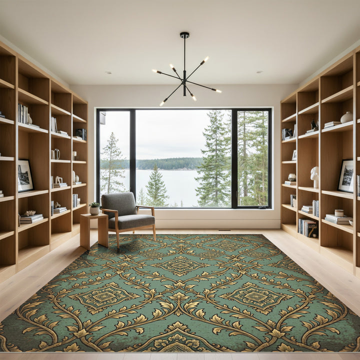 Victorian Teal Gold Damask Rug