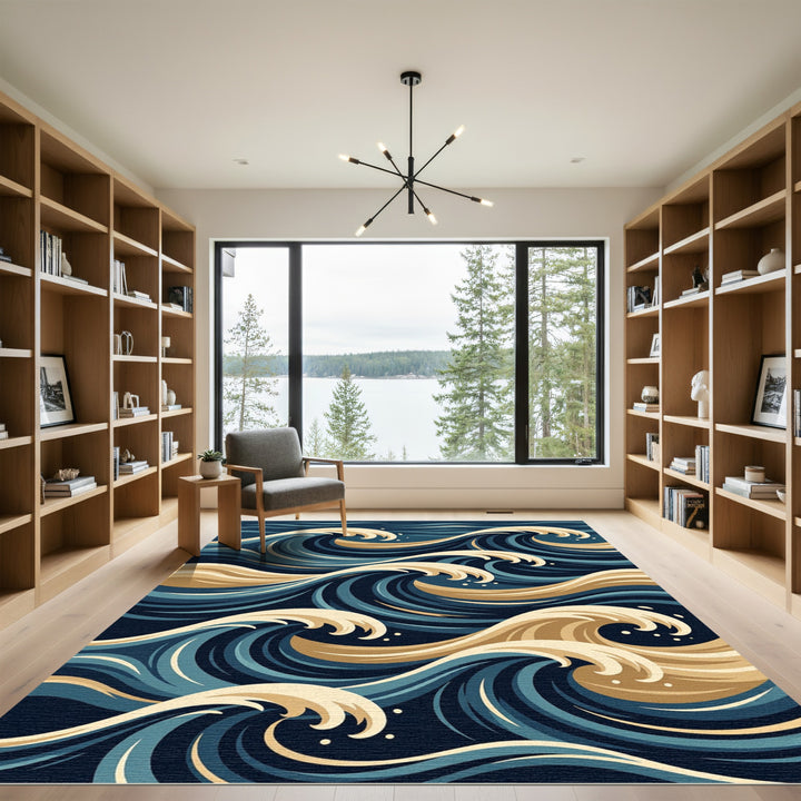 Deep Blue Golden Wave Composition Rug