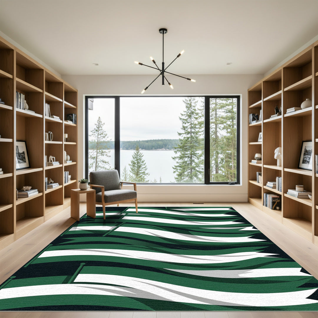 Emerald Green White Striped Waves Rug