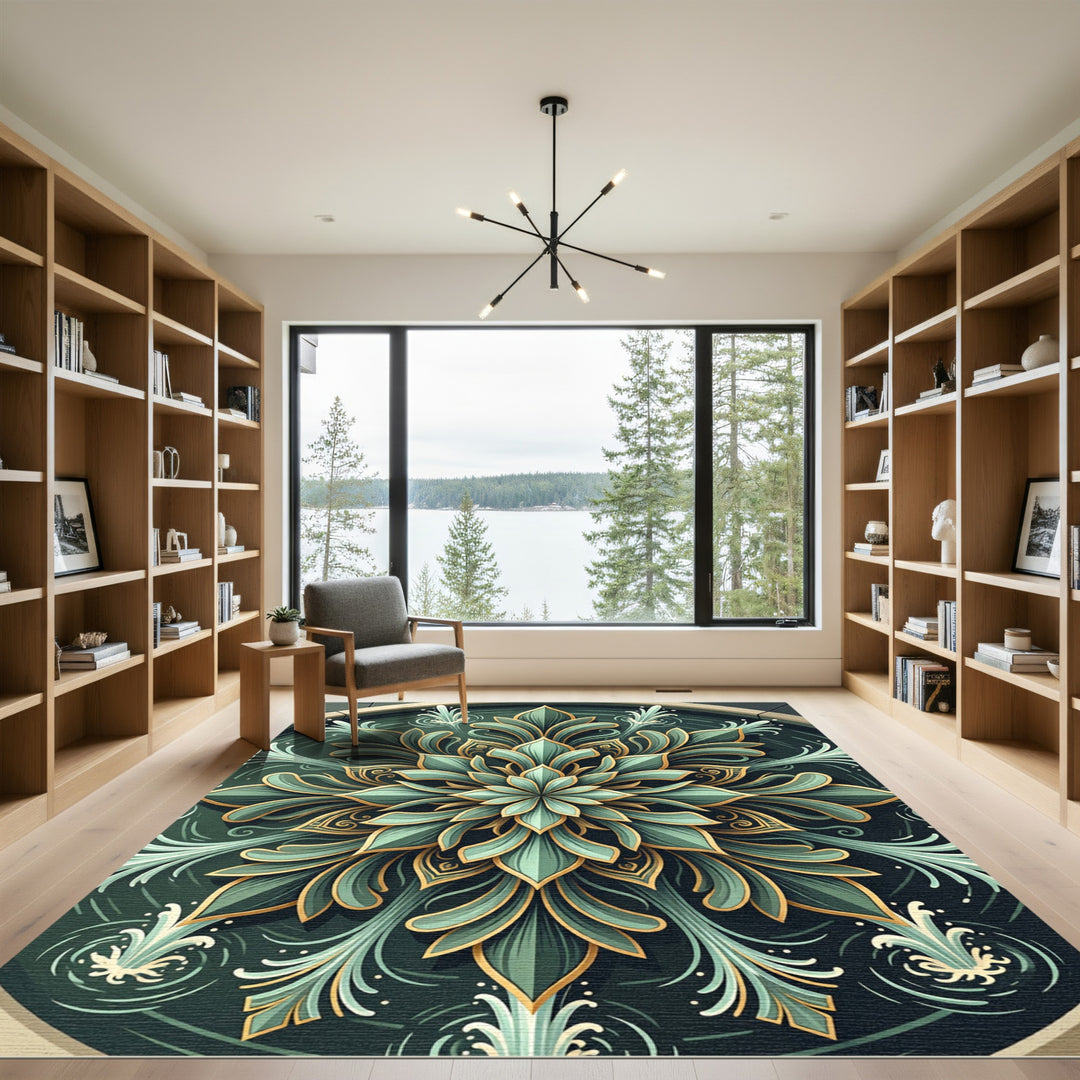 Teal Gold Floral Mandala Burst Rug