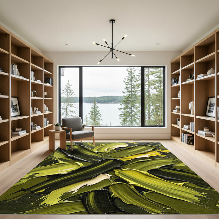Abstract Olive Green Paint Swirl Rug