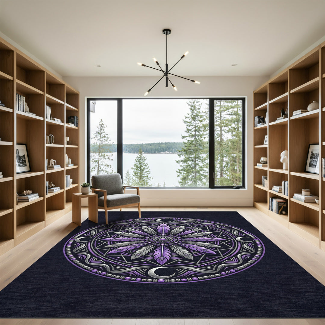 Purple Silver Feather Mandala Moon Rug