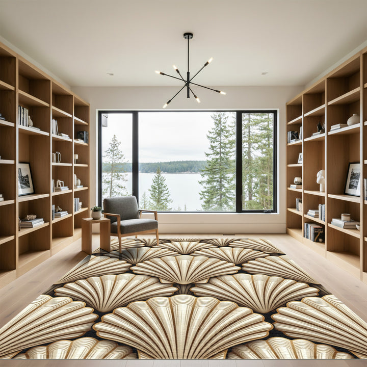 Elegant Cream Scallop Shell Layered Rug