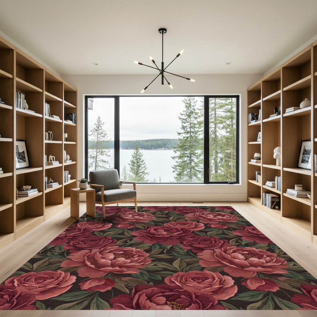 Deep Red Floral Garden Bloom Rug