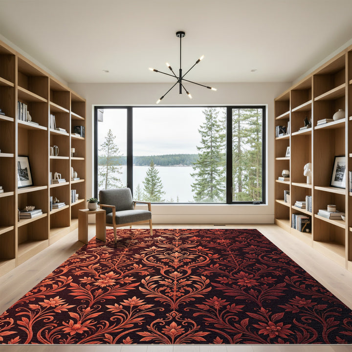 Rich Burgundy Floral Damask Rug