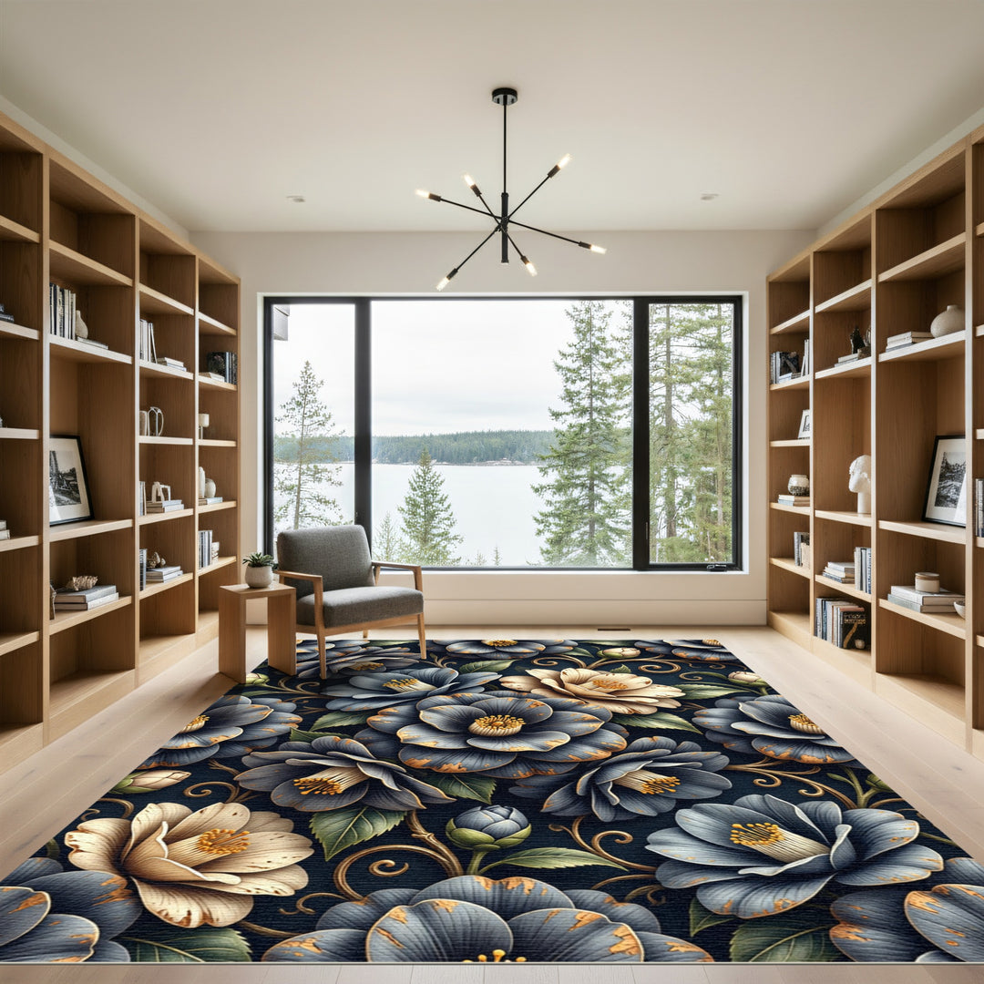 Dark Blue Floral Scroll Camellia Rug