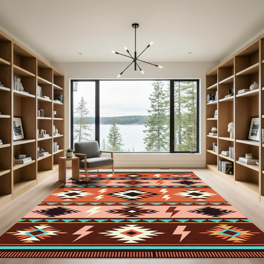 Retro Orange Aztec Lightning Bolt Rug