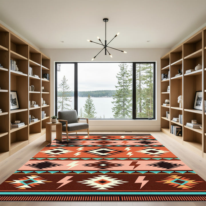 Retro Orange Aztec Lightning Bolt Rug