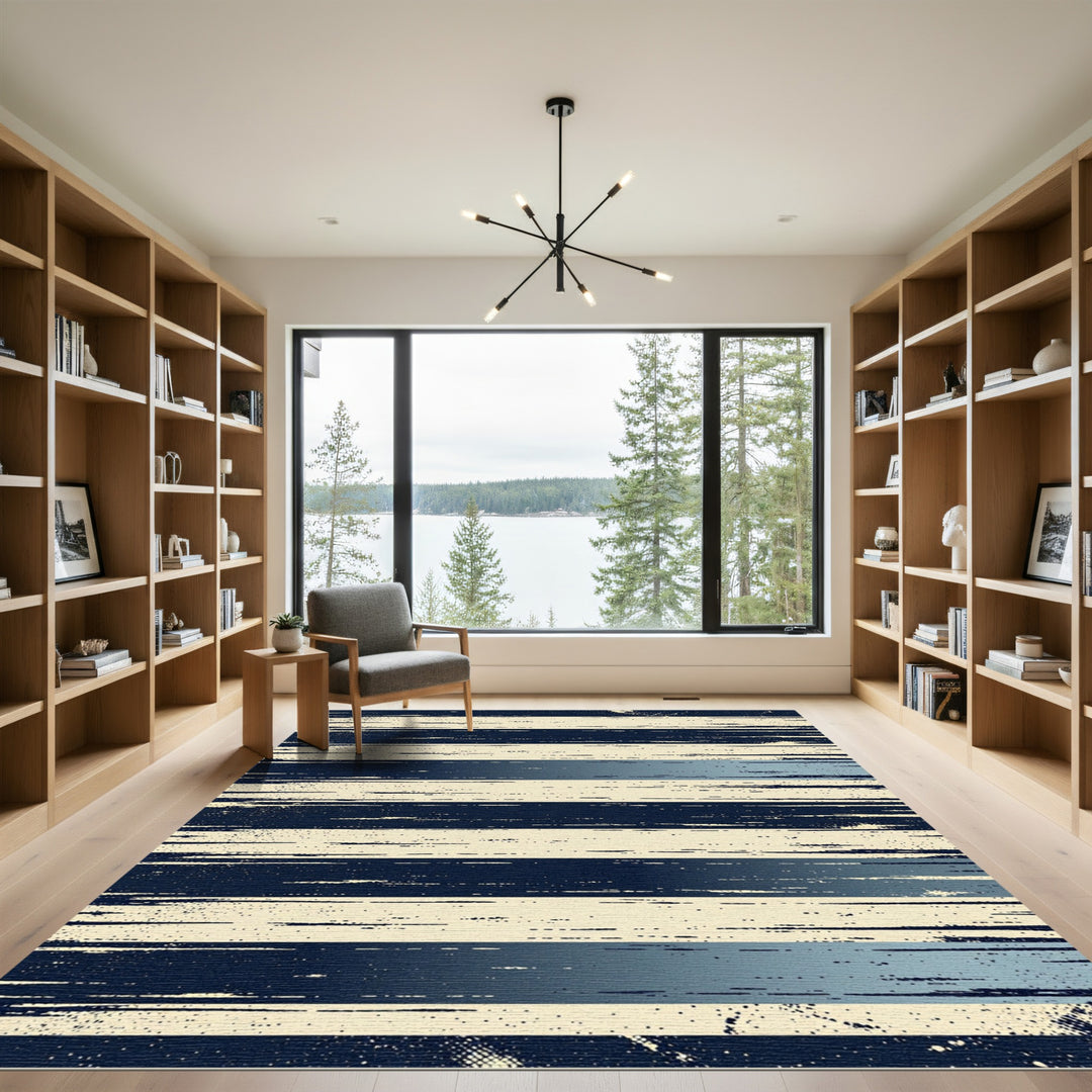 Abstract Navy Cream Distressed Stripe Rug