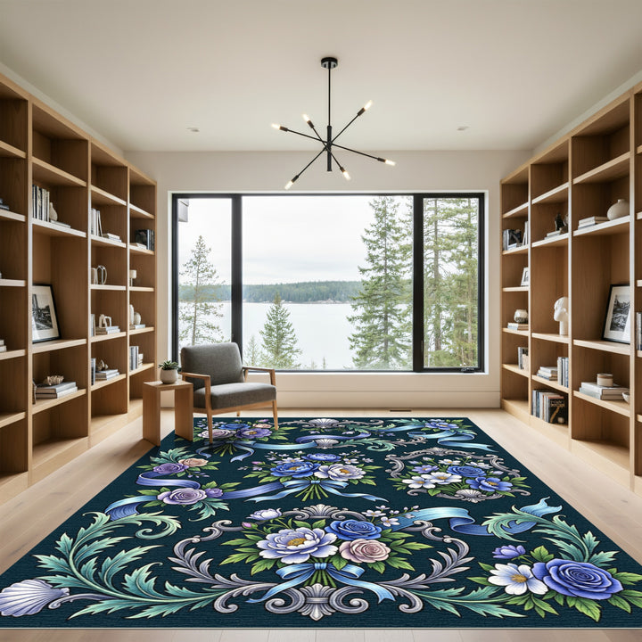 Ornate Blue Floral Ribbon Garland Rug