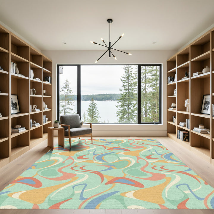 Retro Swirl Abstract Peach Blue Cream Rug