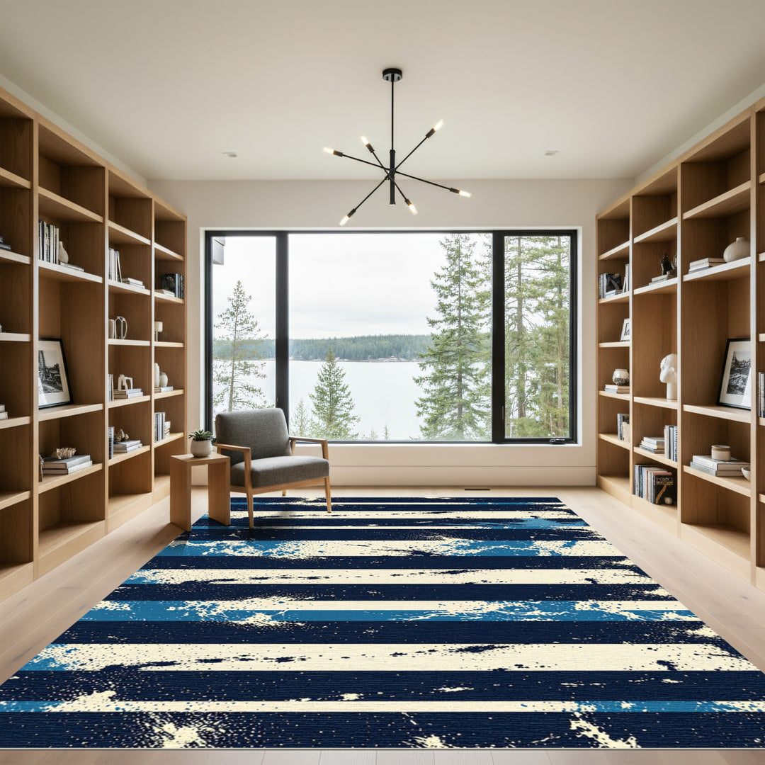 Navy Blue Cream Splatter Stripe Rug