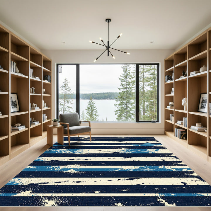 Navy Blue Cream Splatter Stripe Rug