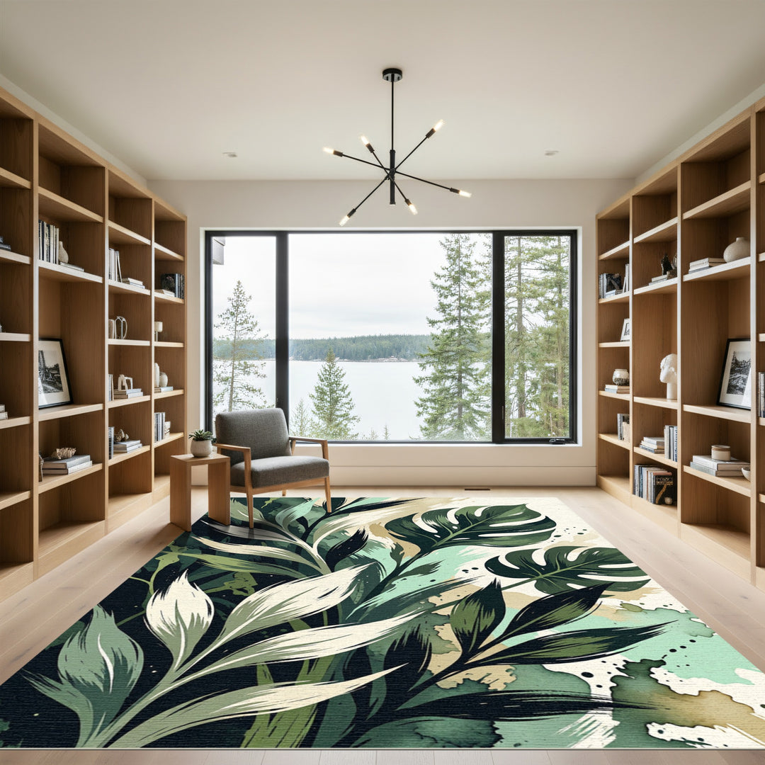 Abstract Emerald Green Leafy Splash Rug