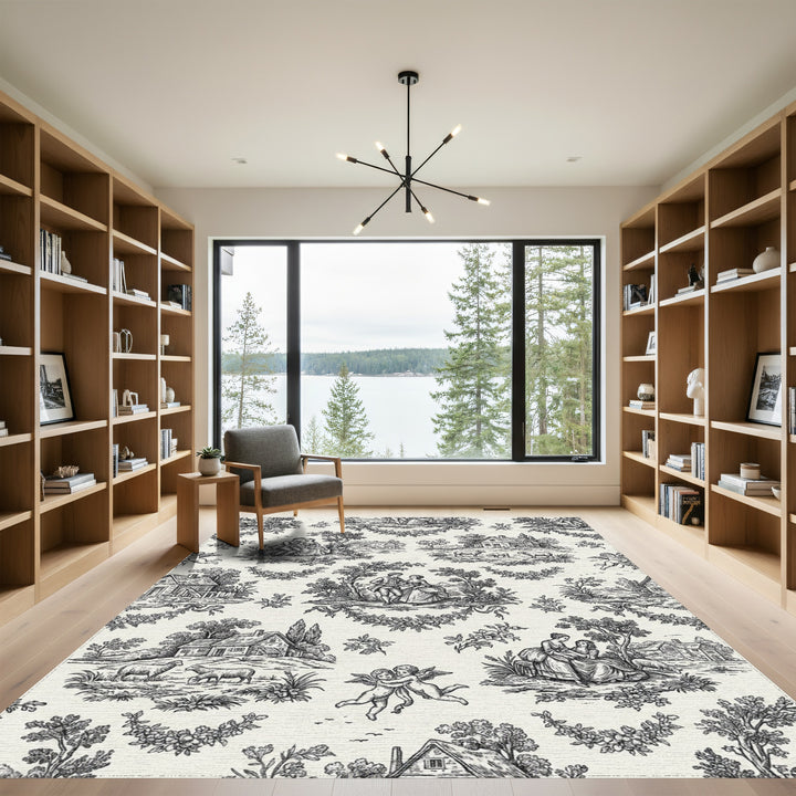 Vintage Romantic Scene Black and White Rug