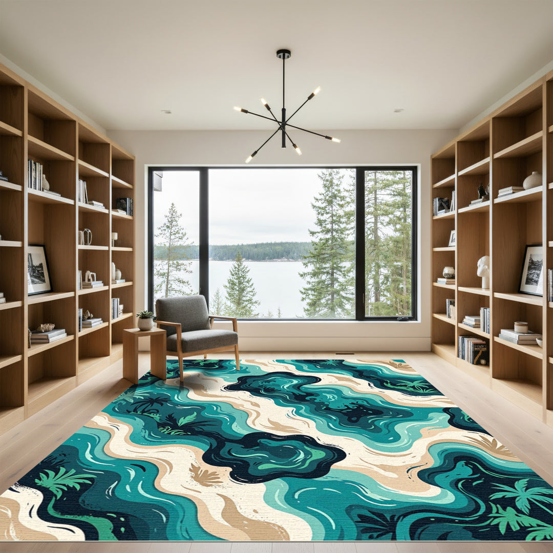 Abstract Teal Ocean Wave Rug