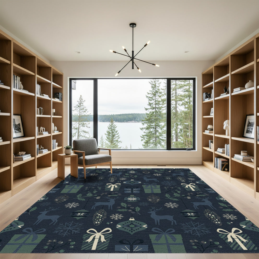 Deep Blue Winter Holiday Woodland Animals Rug