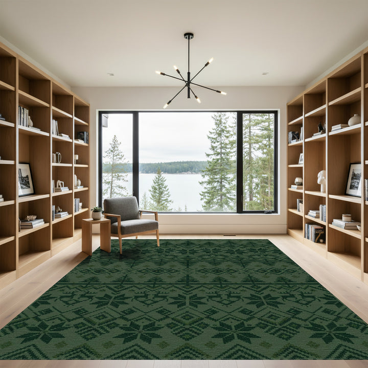 Forest Green Nordic Tree Deer Snowflake Rug
