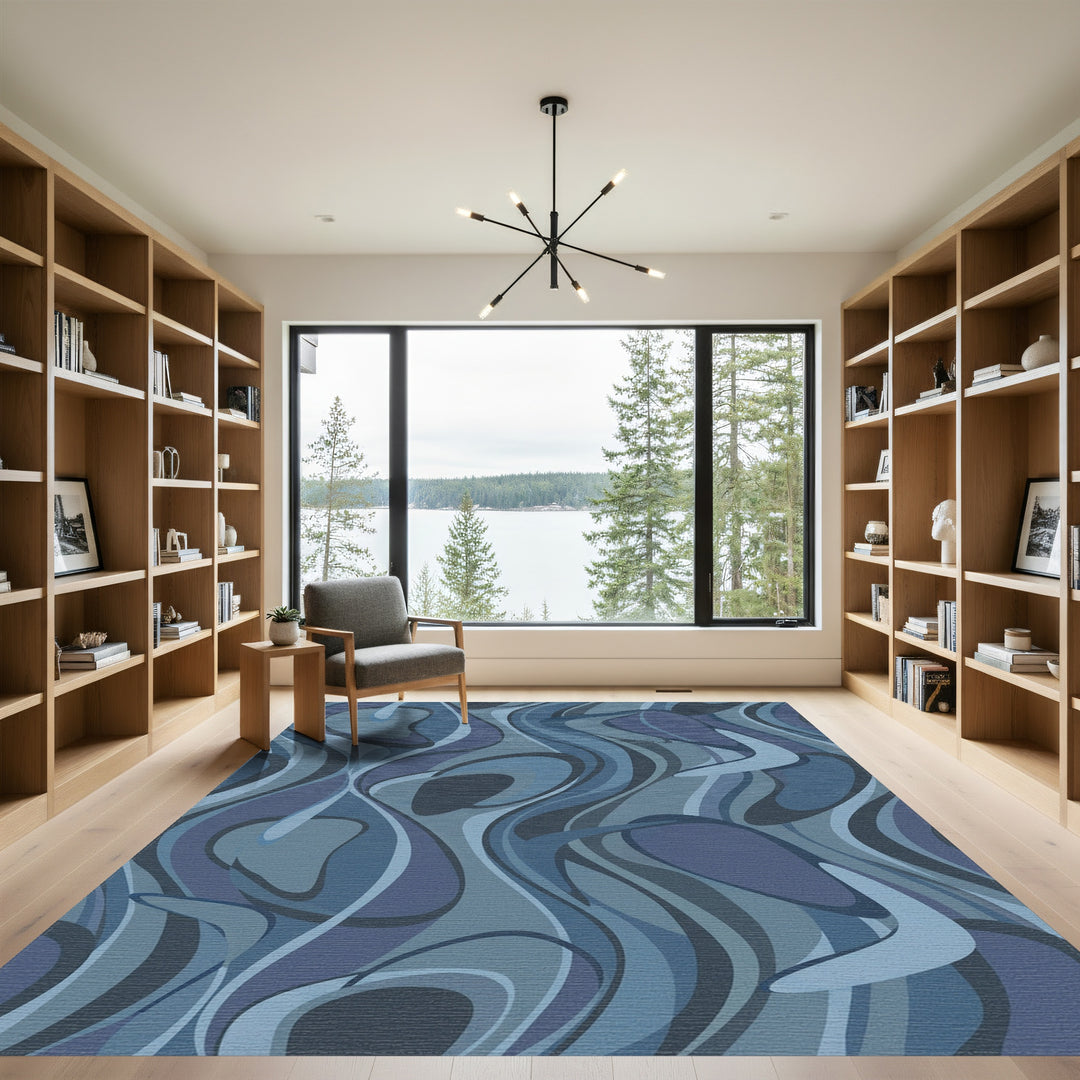Deep Blue Swirl Abstract Forms Rug