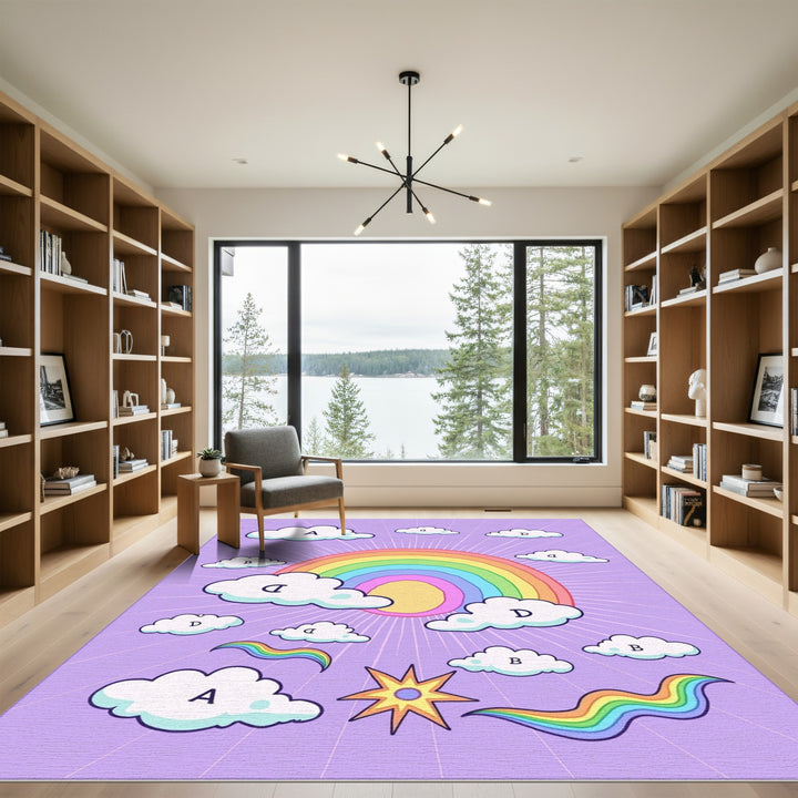Whimsical Rainbow Sky Clouds Starburst Rug