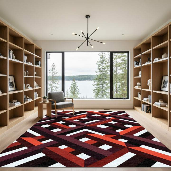Crimson Interlocking Geometric Diamond Rug